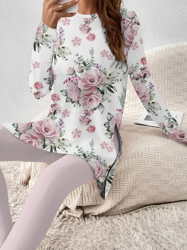 Women Floral Printing Two-Piece Set Daily Long Sleeve Casual Spring/Fall Top With Pants Matching Set