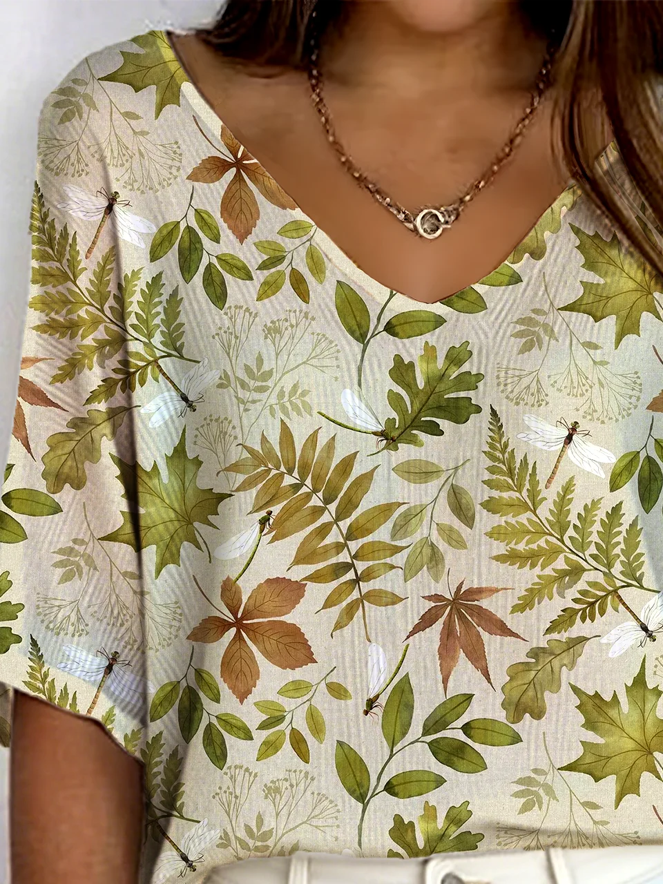 Vintage Dragonfly V Neck Three Quarter Sleeve T-shirt