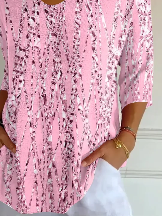 Holiday Casual 3D Sequin Print V Neck 3/4 Length Sleeve T-shirt