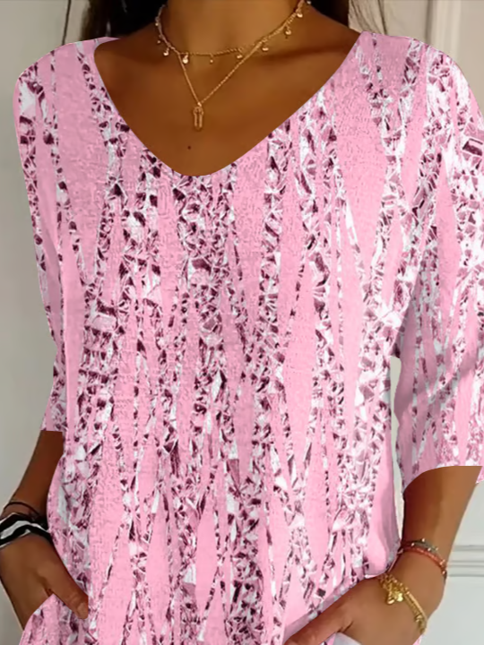 Holiday Casual 3D Sequin Print V Neck 3/4 Length Sleeve T-shirt