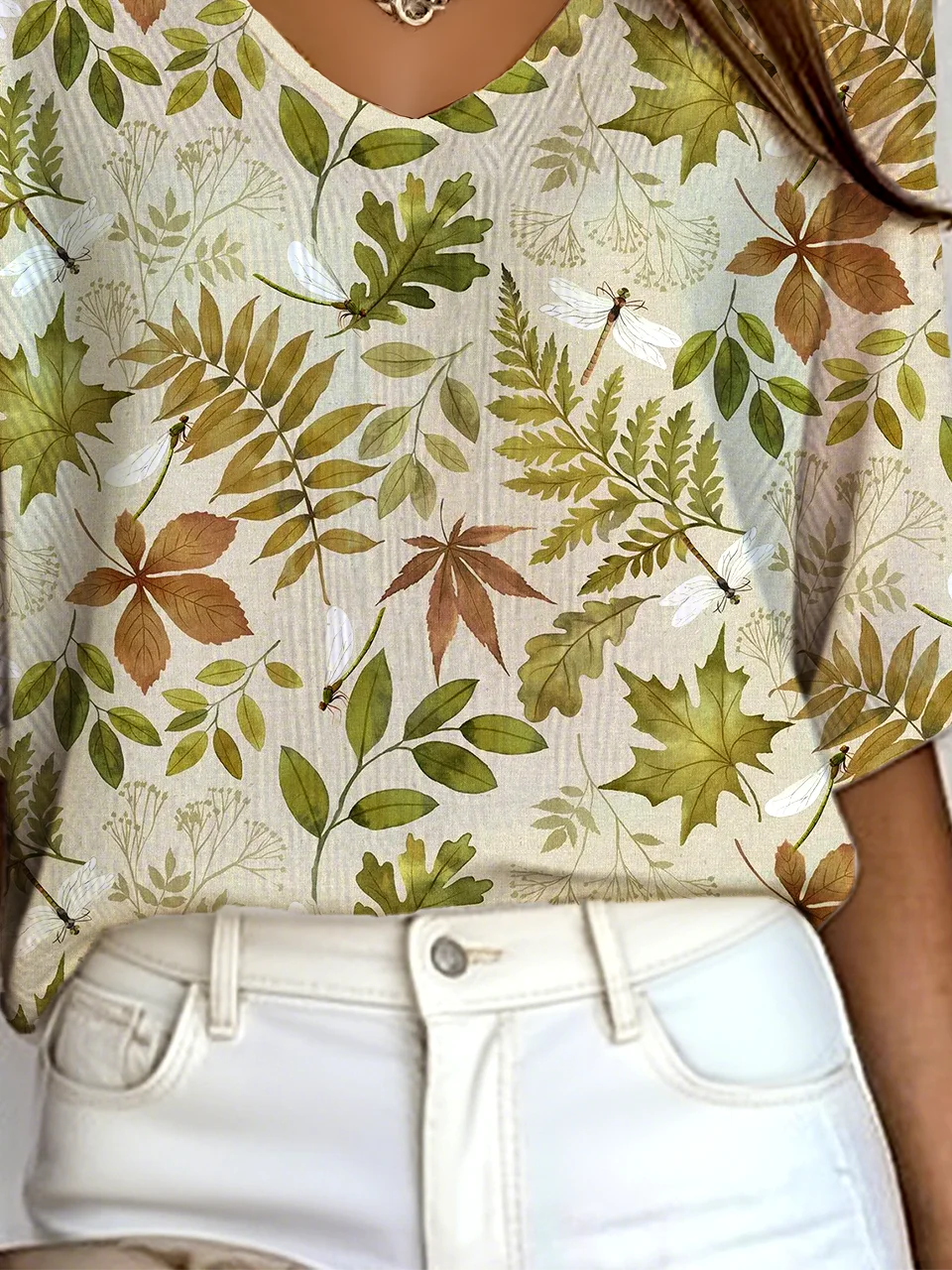 Vintage Dragonfly V Neck Three Quarter Sleeve T-shirt