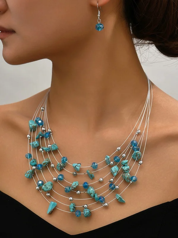 Multi-layer Exaggerated Bohemian Turquoise Crystal Necklace Earring Set