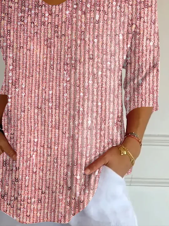 Holiday Casual 3D Sequin Print V Neck 3/4 Length Sleeve T-shirt