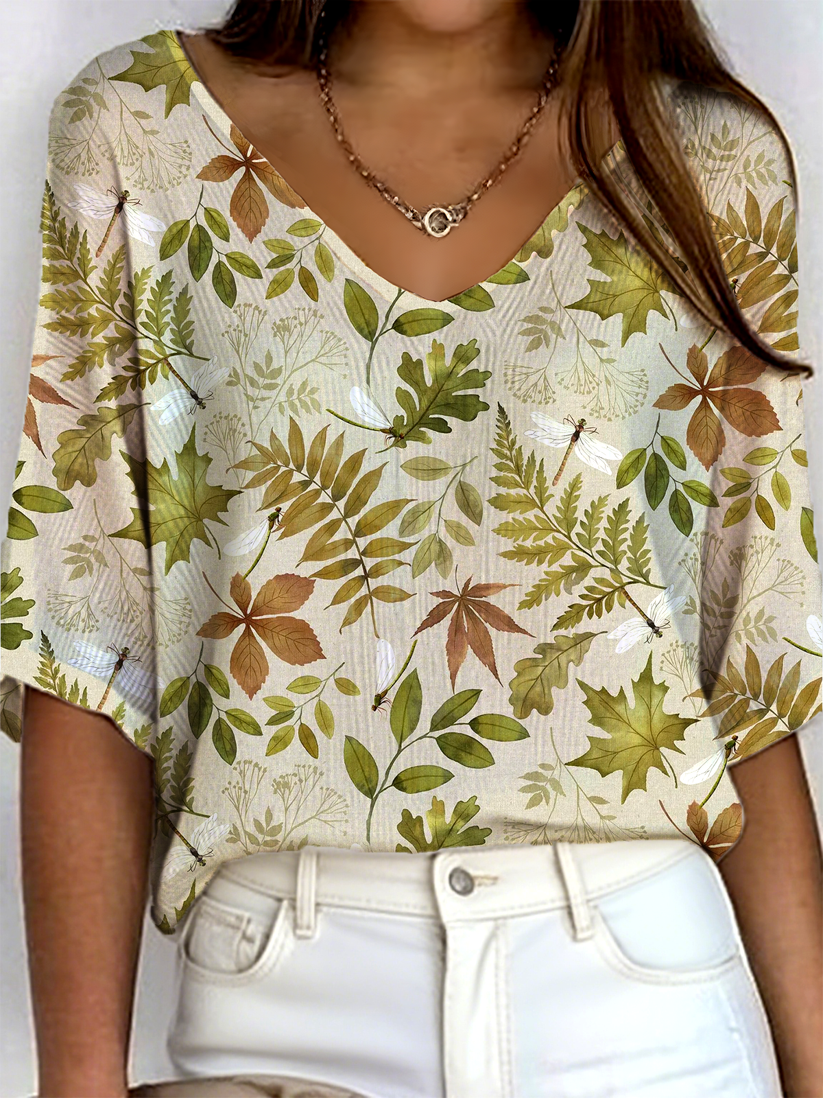 Vintage Dragonfly V Neck Three Quarter Sleeve T-shirt