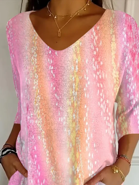 Holiday Casual Gradient 3D Sequin Print V Neck 3/4 Length Sleeve T-shirt