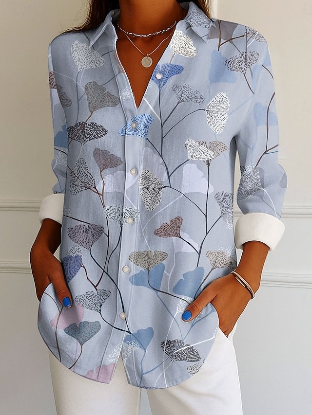 V Neck Long Sleeve Abstract Graphic Regular Micro-Elasticity Regular Fit Shirt For Women