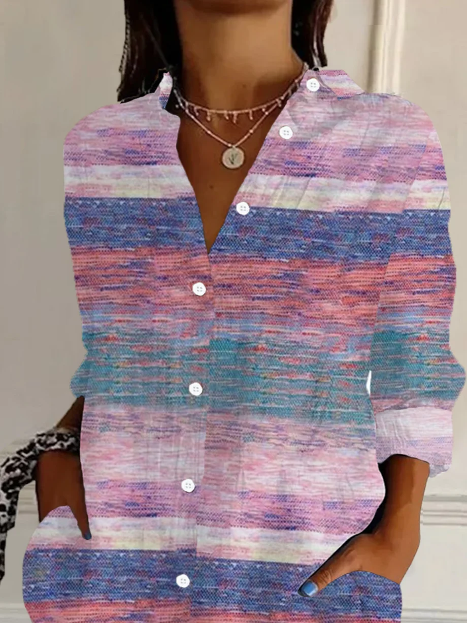 Shirt Collar Regular Sleeve Long Sleeve Abstract Stripes Buckle Regular Loose Button Up Shirt Shirt For Women