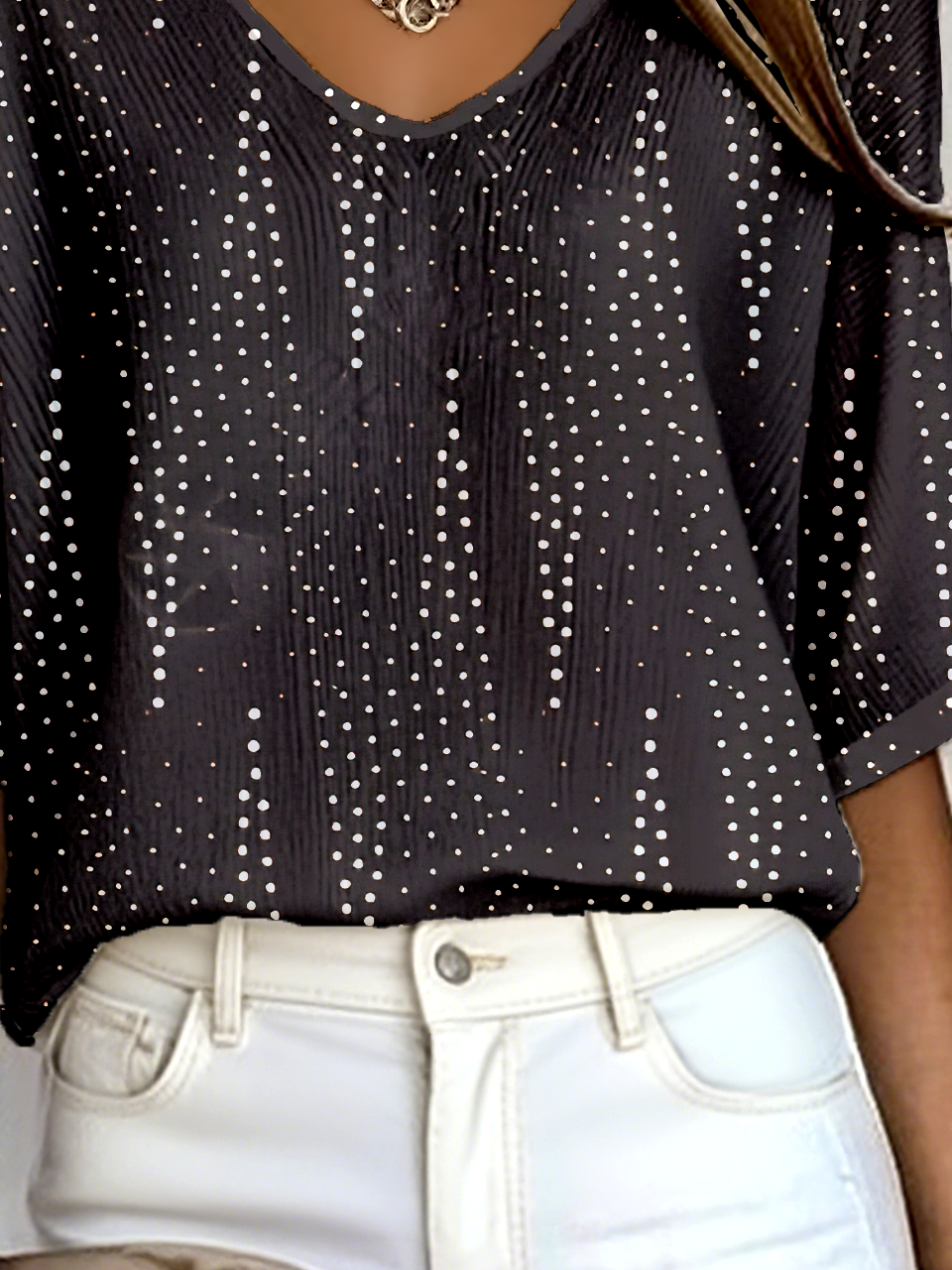 Vintage Polka Dots V Neck Three Quarter Sleeve T-shirt