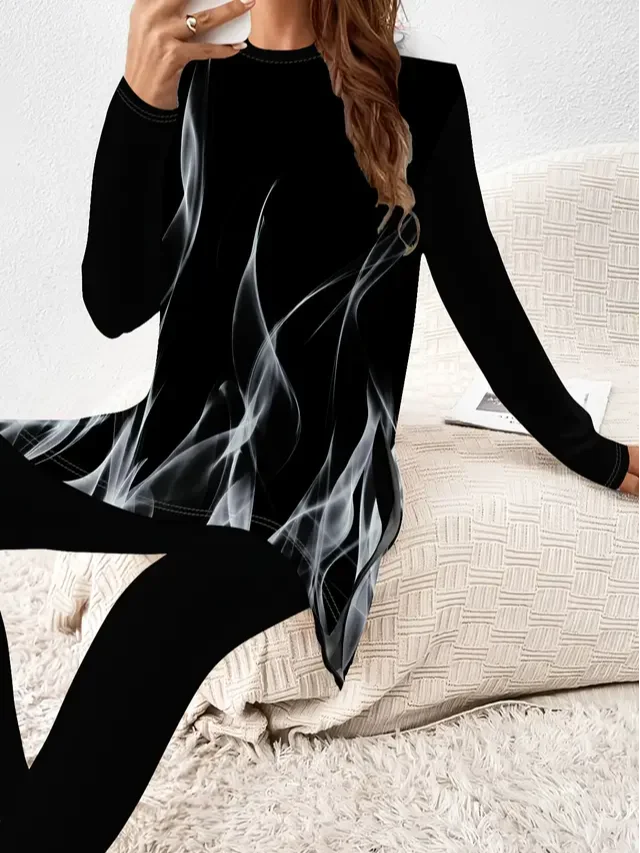 Women Abstract Printing Two-Piece Set Daily Long Sleeve Casual Spring/Fall Top With Pants Matching Set