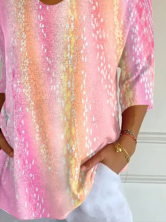 Holiday Casual Gradient 3D Sequin Print V Neck 3/4 Length Sleeve T-shirt