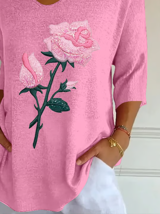 Casual Floral V Neck Three Quarter Sleeve T-shirt