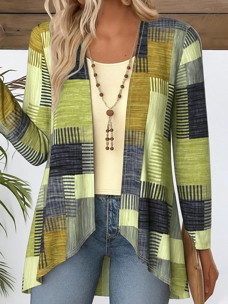 V Neck Long Sleeve Geometric Regular Micro-Elasticity Regular Fit Blouse For Women