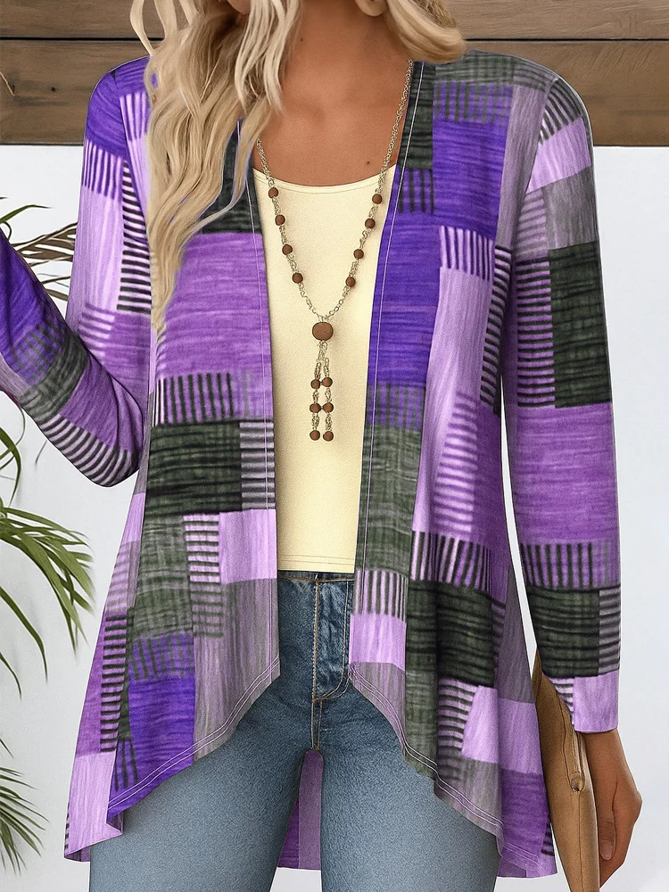 V Neck Long Sleeve Geometric Regular Micro-Elasticity Regular Fit Blouse For Women