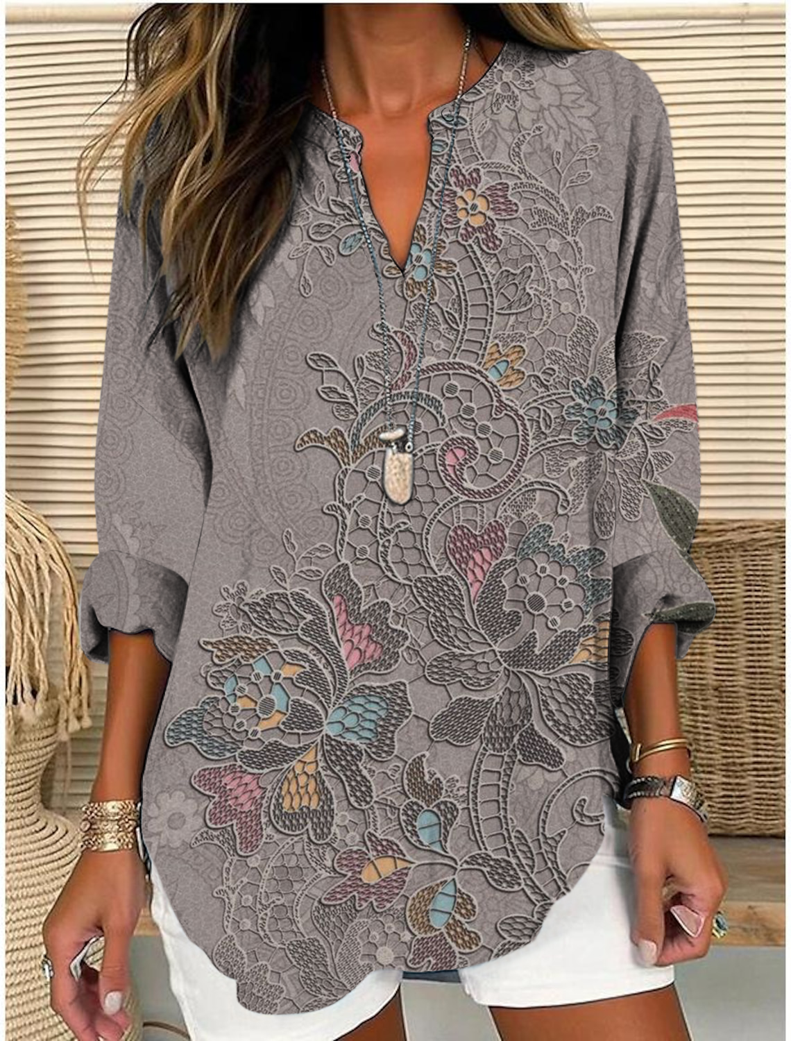 Shawl Collar Half Sleeve Floral Regular Loose Blouse For Women