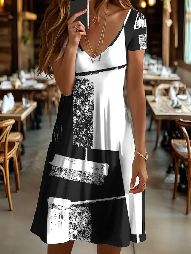 Women Geometric Summer Dress V Neck Short Sleeve A-Line Dress