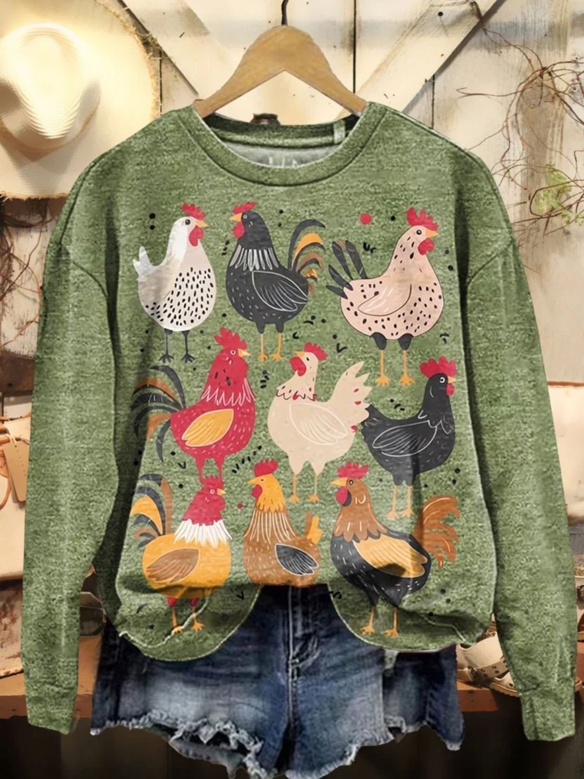 Vintage Chicken Art Print Crew Neck Loose Comfy Sweatshirt