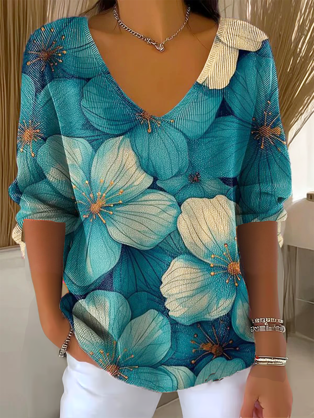 Vintage Geometric V Neck Three Quarter Sleeve T-shirt