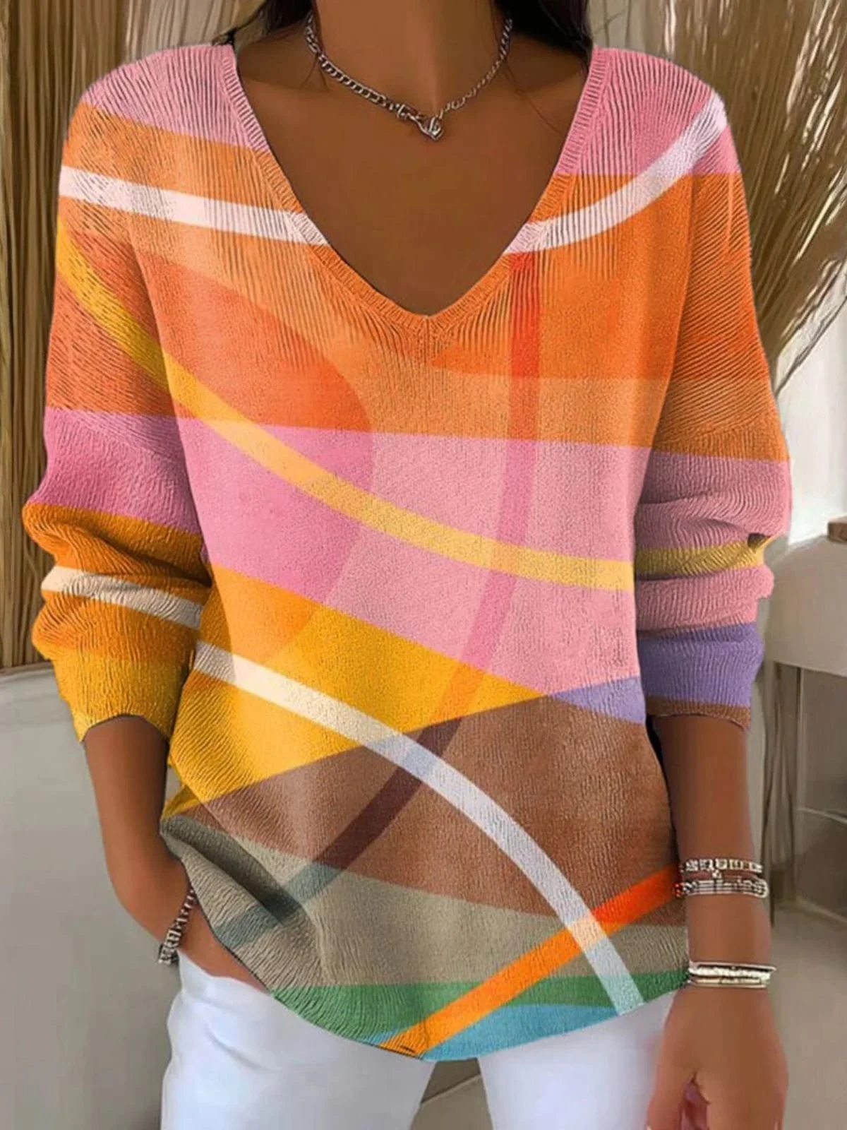 Women Cotton Geometric Long Sleeve Comfy Casual Sweater