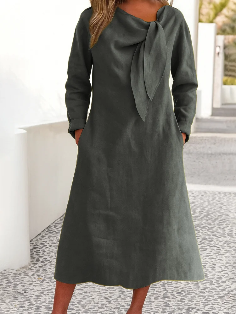 Women Plain Spring/Fall Dress V Neck Long Sleeve A-Line Dress