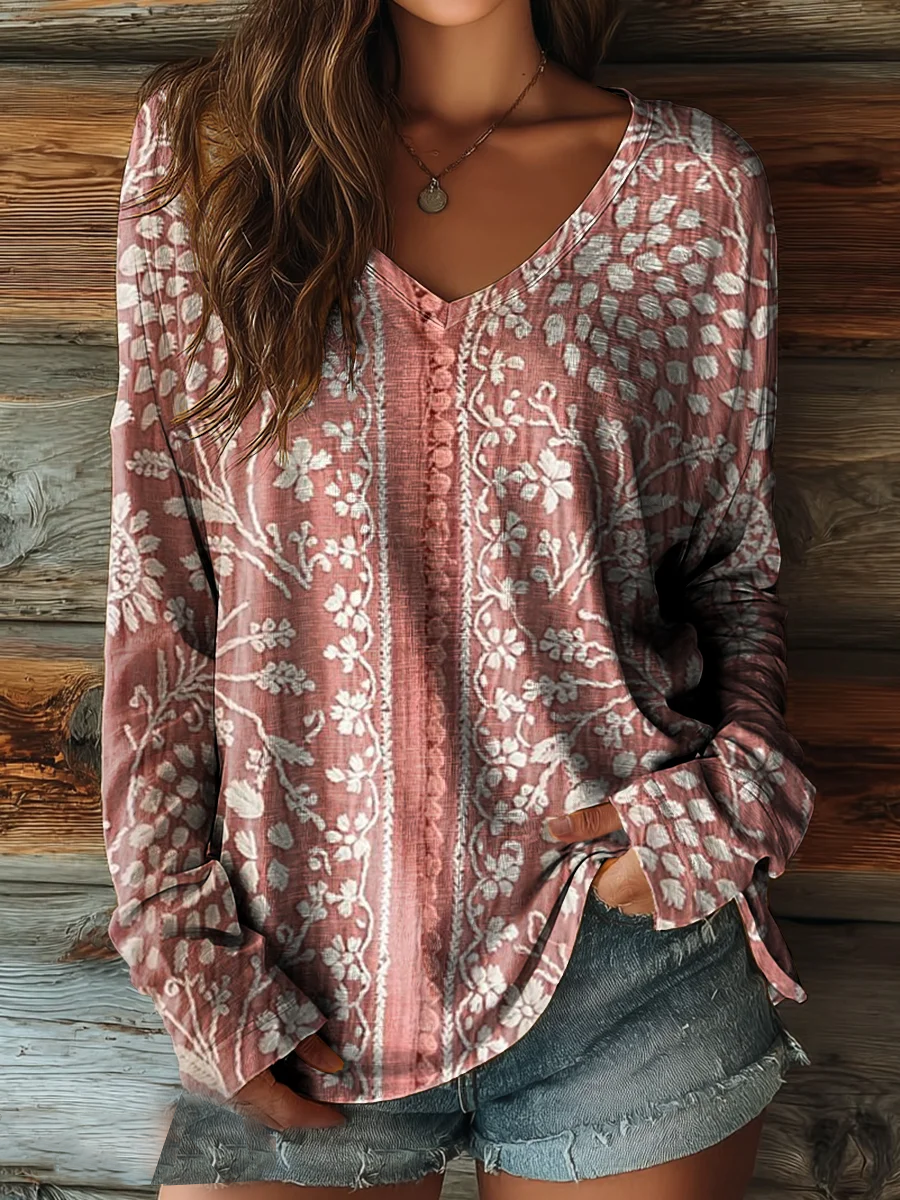 Casual Floral V Neck Long Sleeve T-shirt