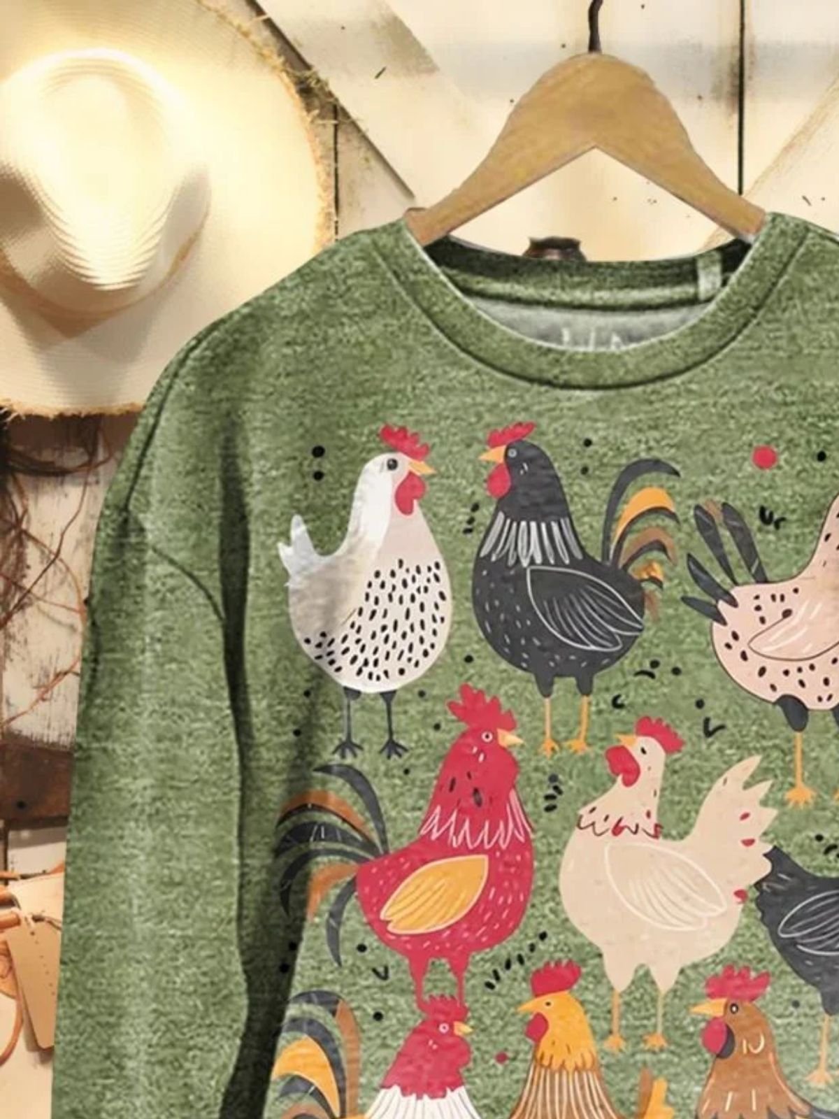 Vintage Chicken Art Print Crew Neck Loose Comfy Sweatshirt