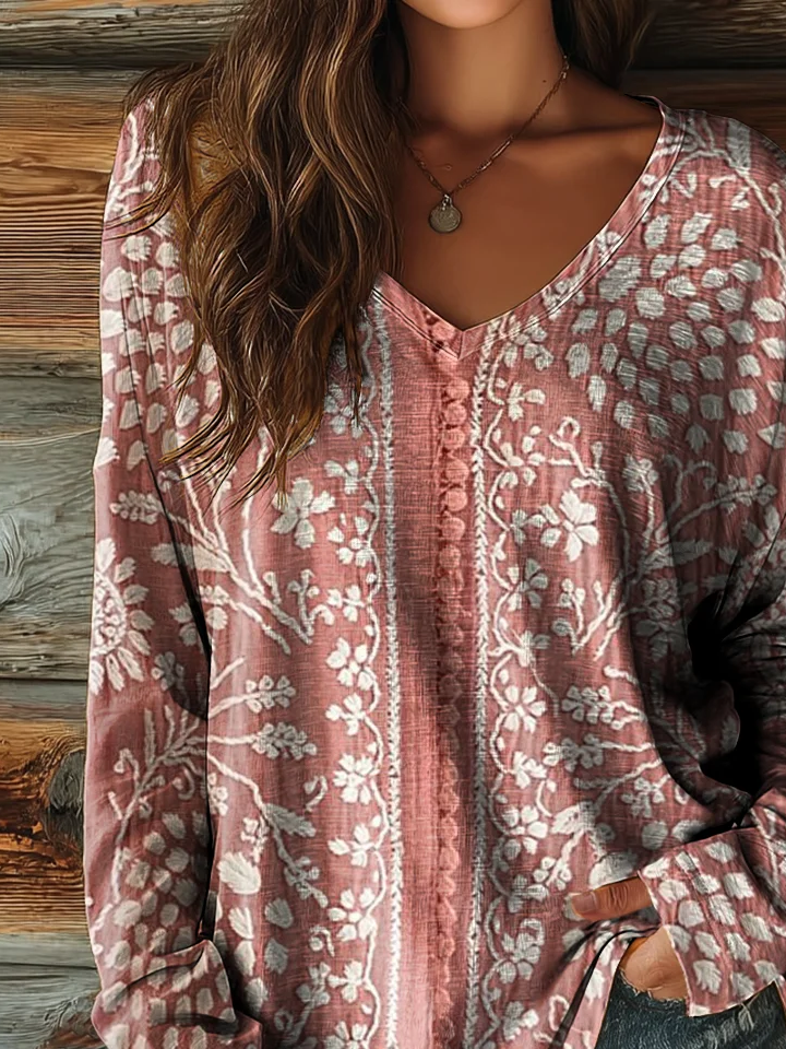 Casual Floral V Neck Long Sleeve T-shirt