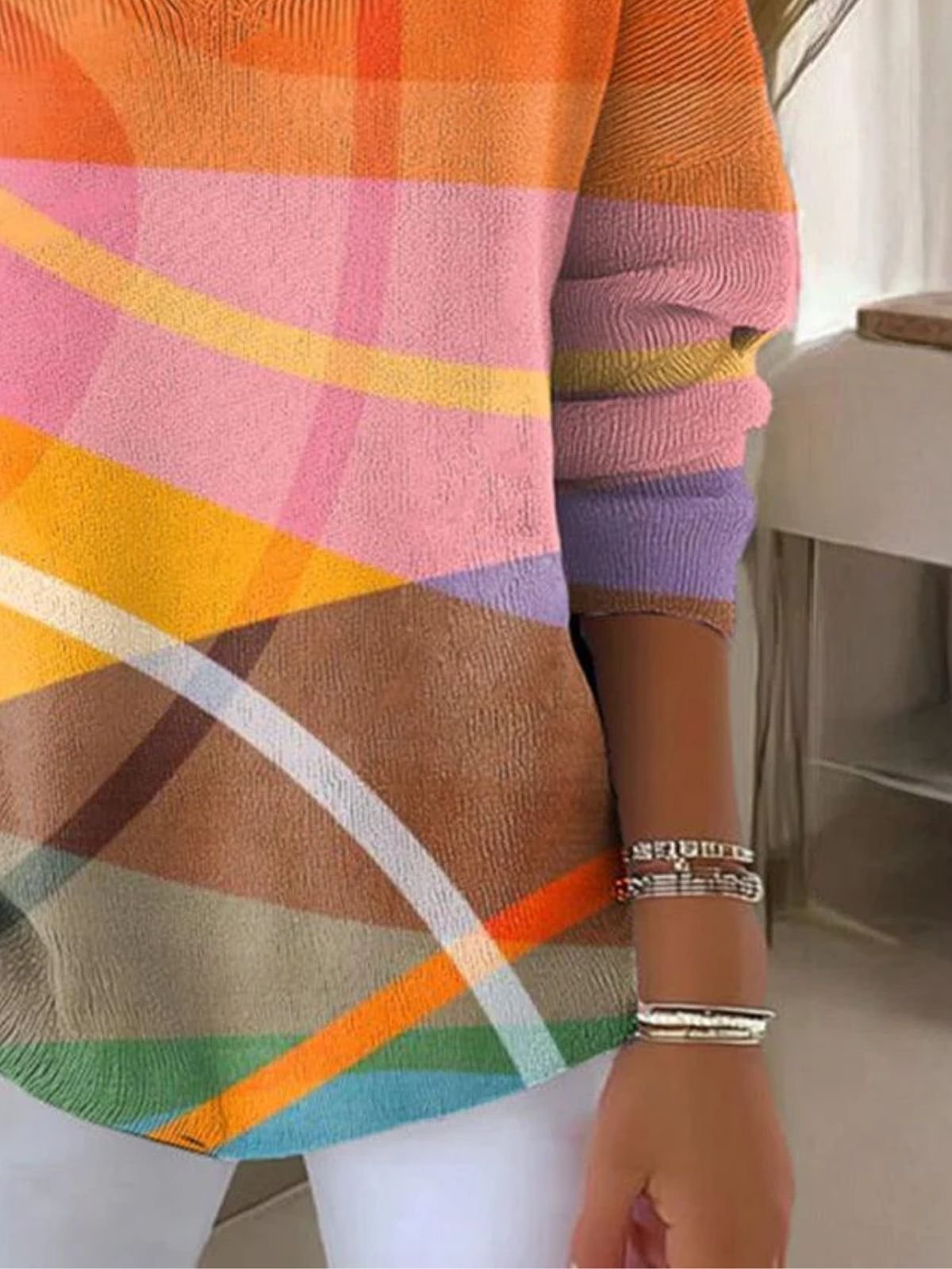 Women Cotton Geometric Long Sleeve Comfy Casual Sweater