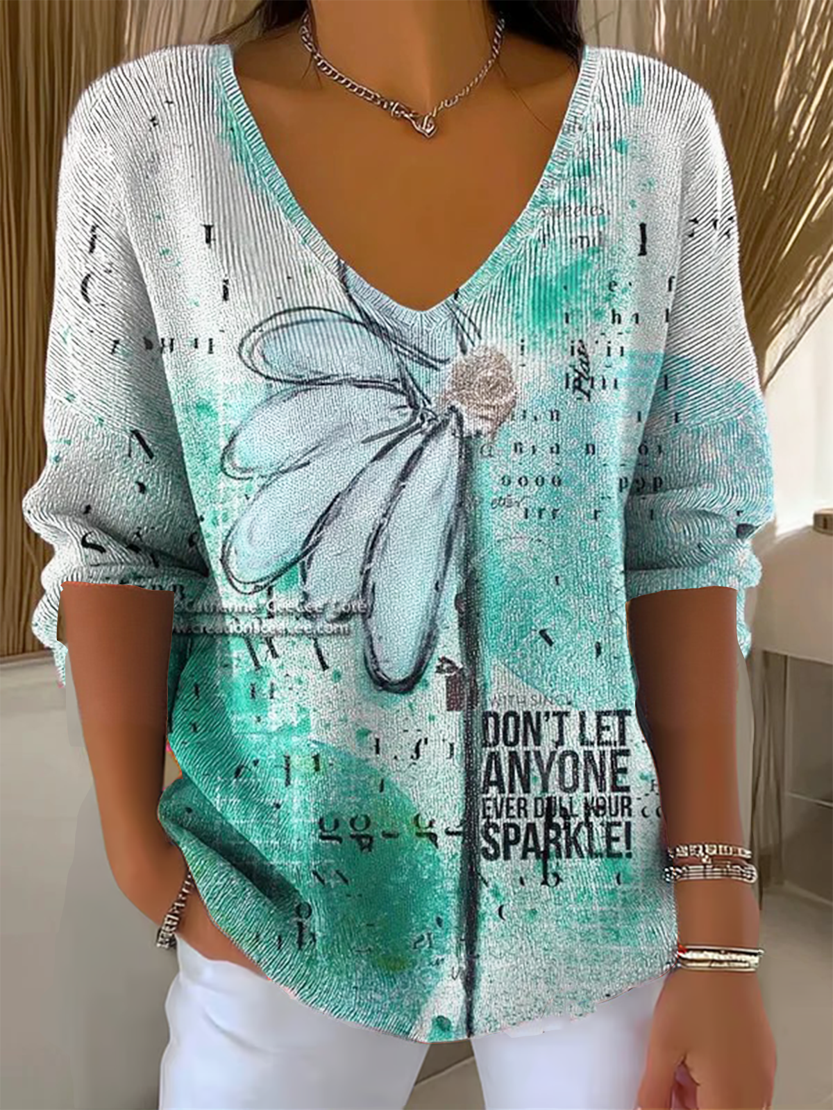 Vintage Geometric V Neck Three Quarter Sleeve T-shirt