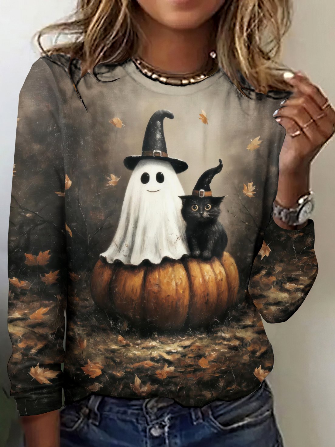 Halloween Vintage Cute Ghost Print Crew Neck Long Sleeve T-shirt