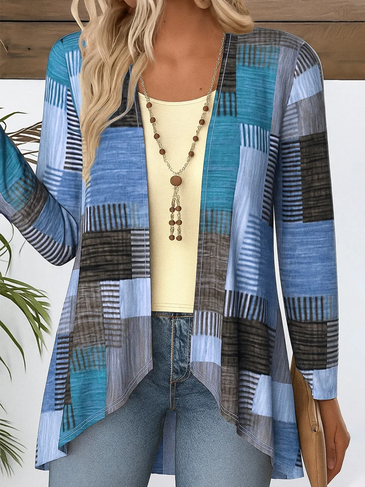 V Neck Long Sleeve Geometric Regular Micro-Elasticity Regular Fit Blouse For Women