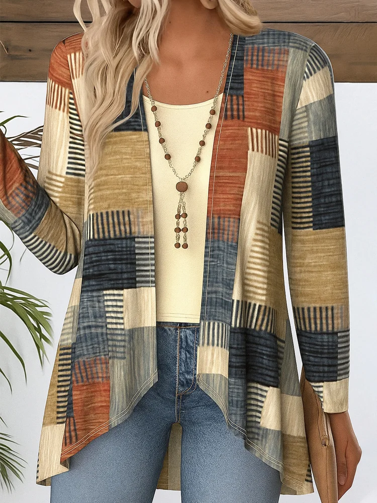 V Neck Long Sleeve Geometric Regular Micro-Elasticity Regular Fit Blouse For Women