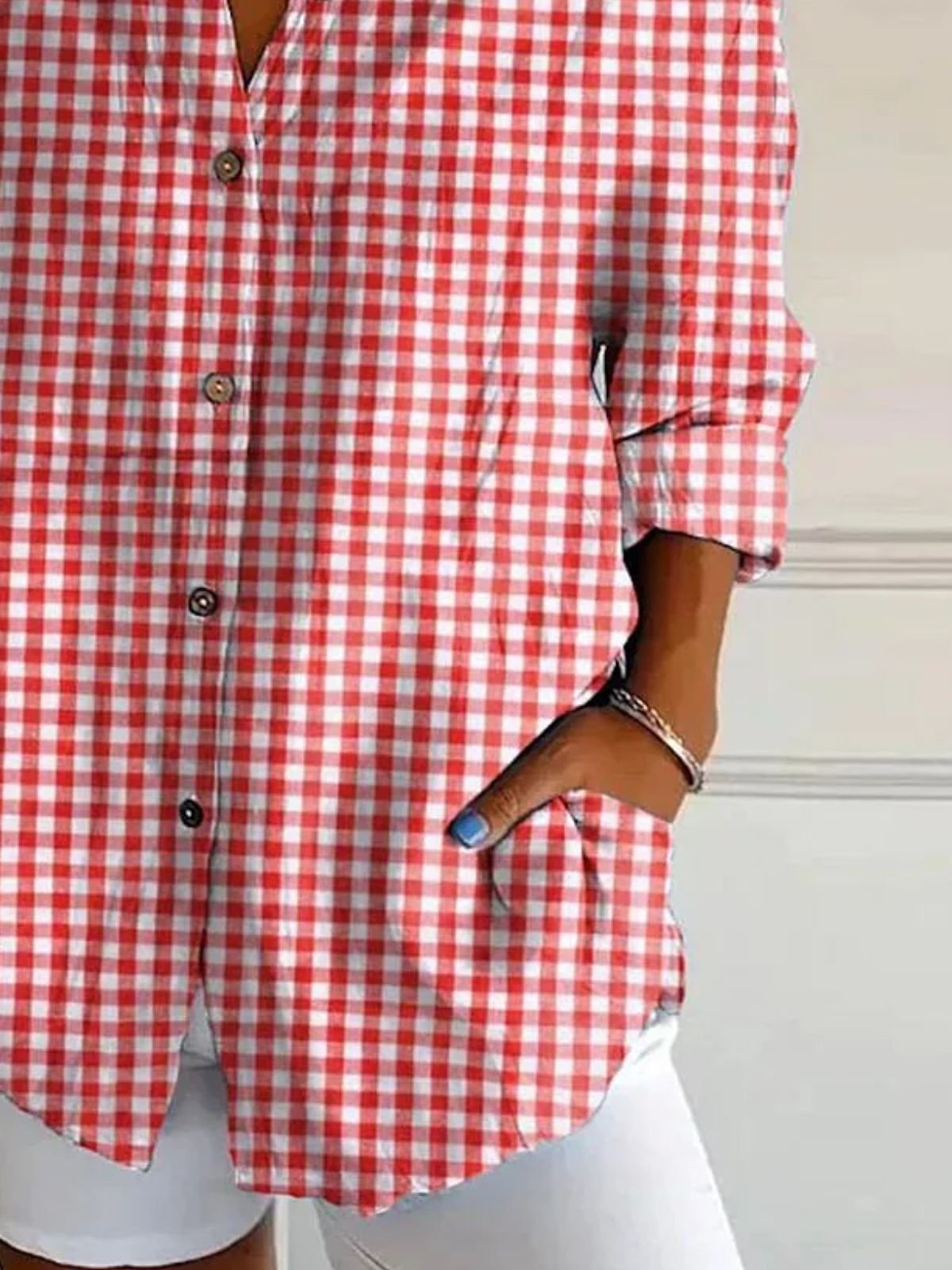 V Neck Long Sleeve Plaid Regular Micro-Elasticity Regular Fit Shirt For Women