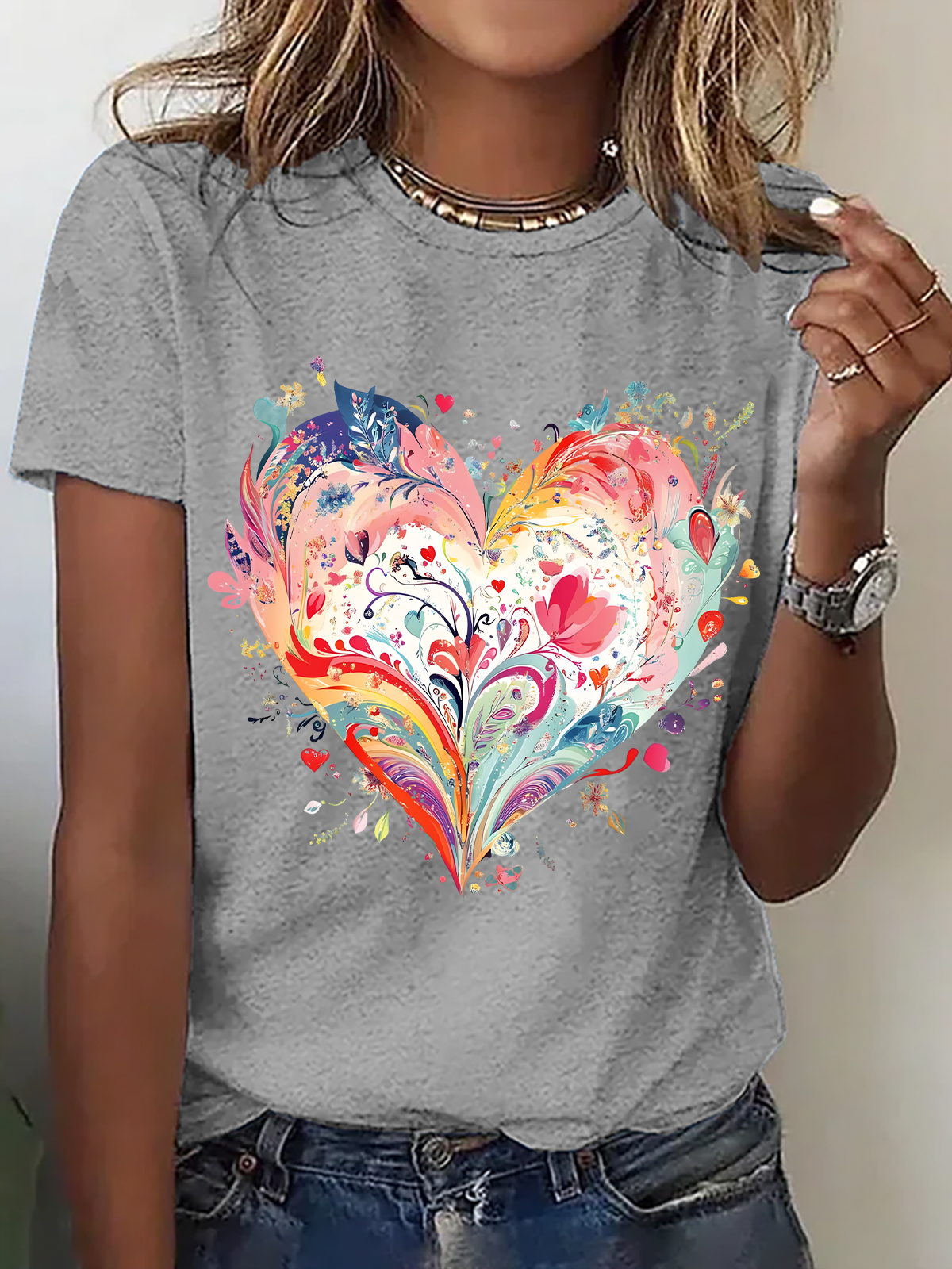 Casual Heart/Cordate Crew Neck Short Sleeve T-shirt