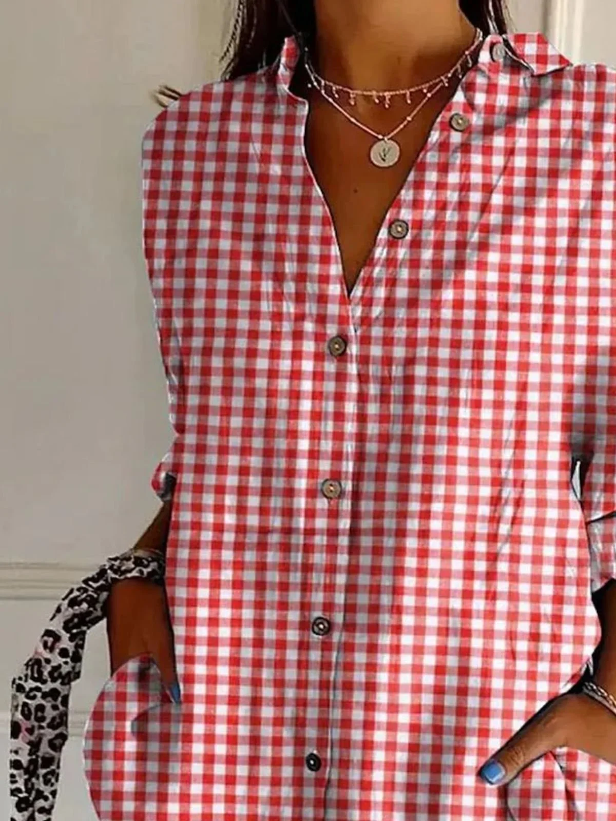 V Neck Long Sleeve Plaid Regular Micro-Elasticity Regular Fit Shirt For Women