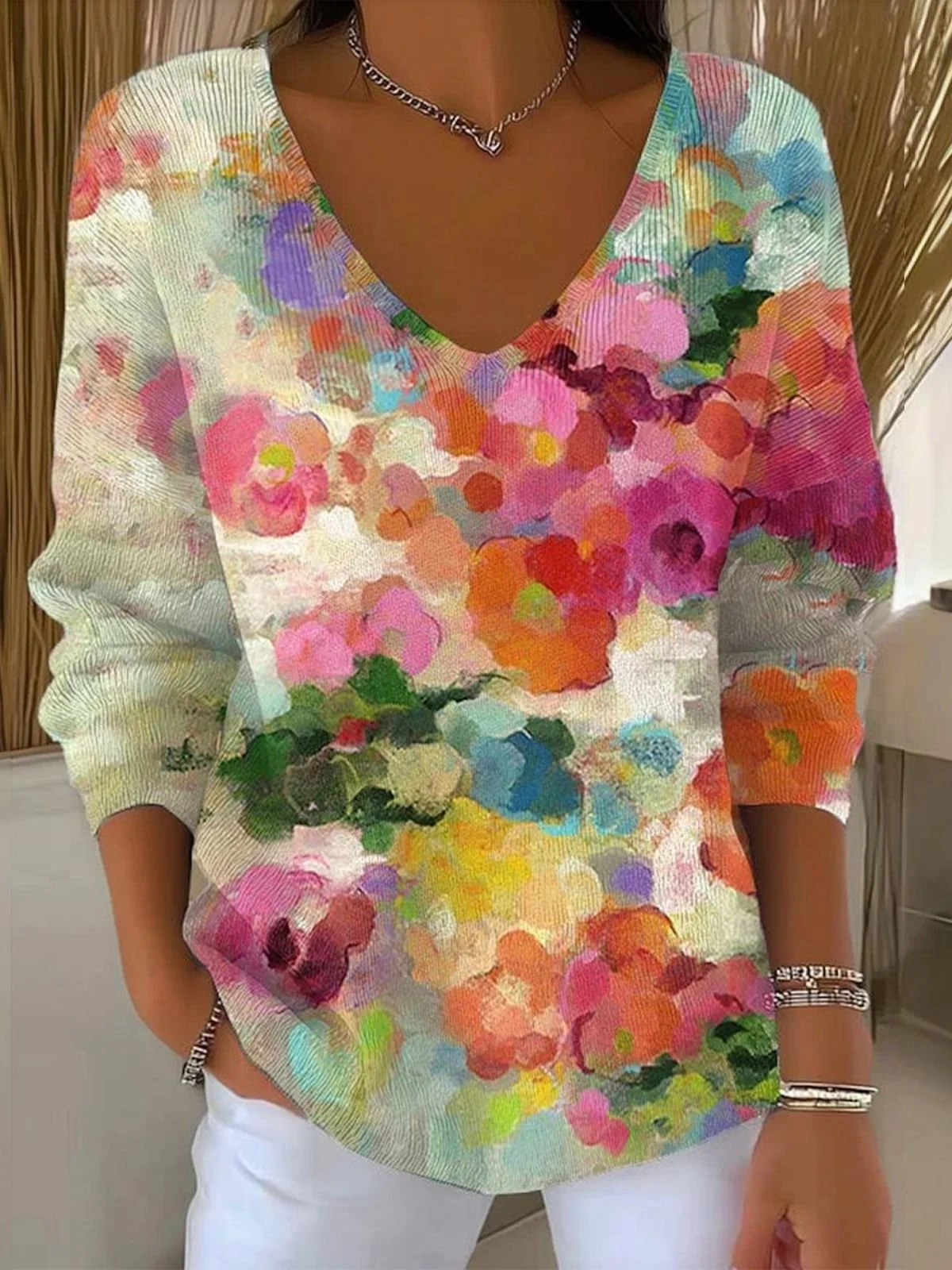 Women Cotton Floral Art Print Long Sleeve Comfy Casual Sweater