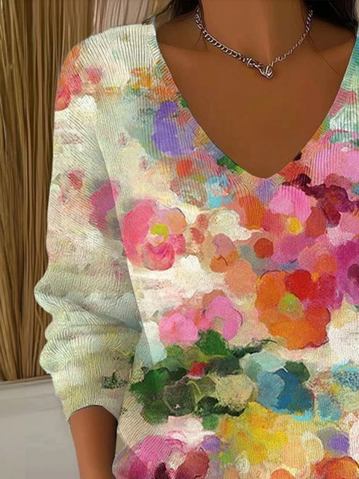 Women Cotton Floral Art Print Long Sleeve Comfy Casual Sweater