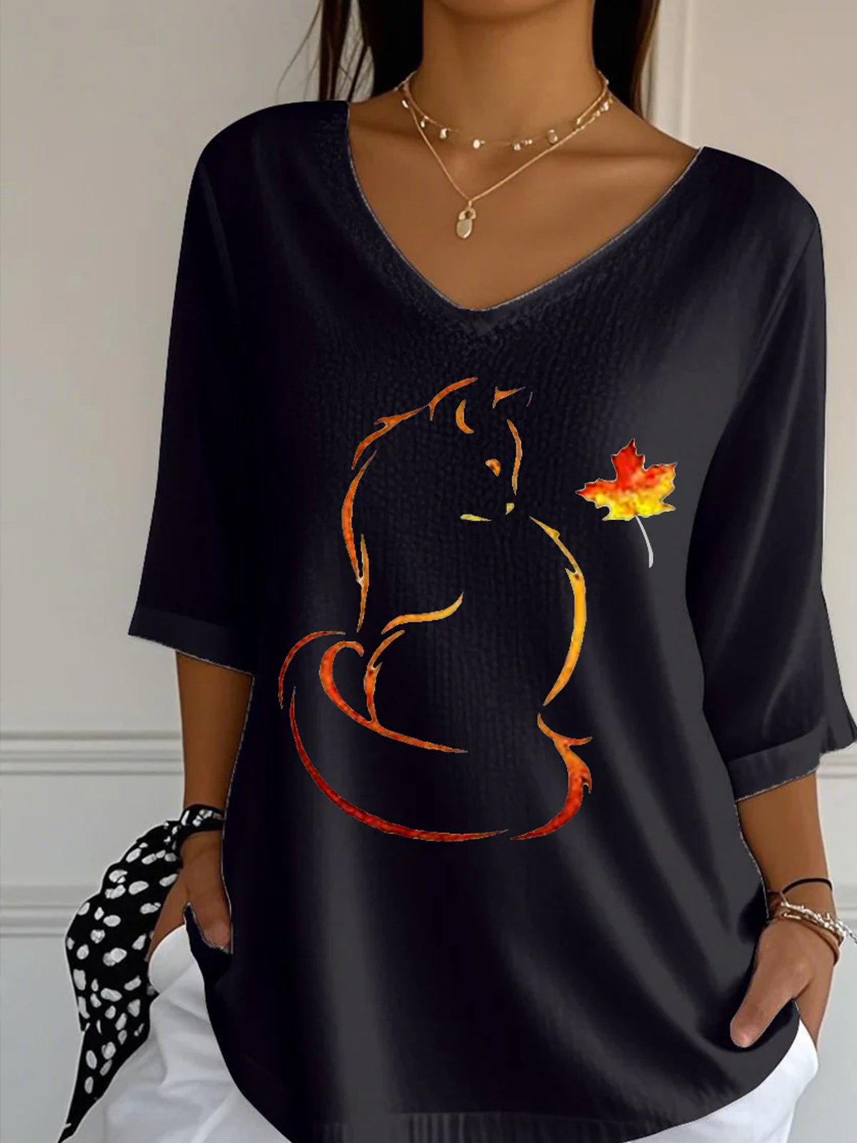 Vintage Cat Crew Neck Three Quarter Sleeve T-shirt