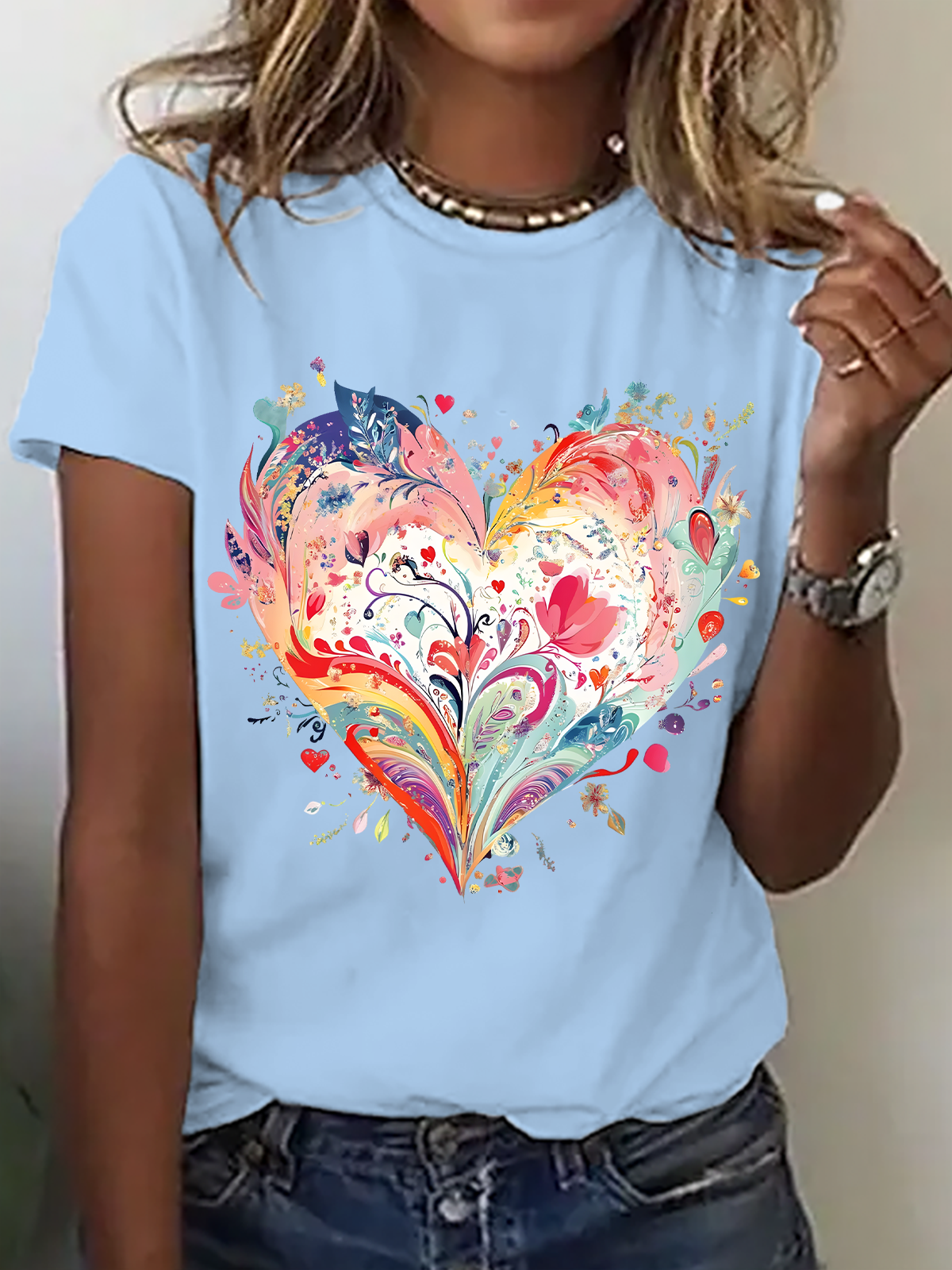 Casual Heart/Cordate Crew Neck Short Sleeve T-shirt