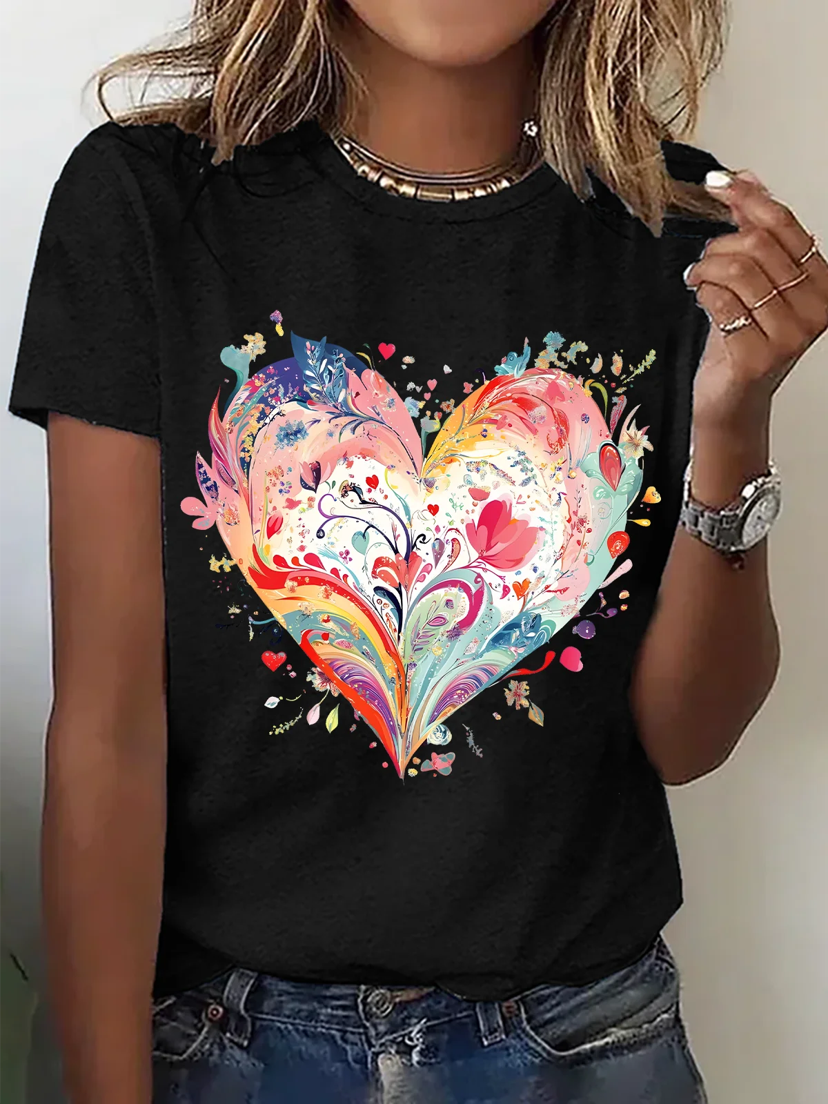 Casual Heart/Cordate Crew Neck Short Sleeve T-shirt