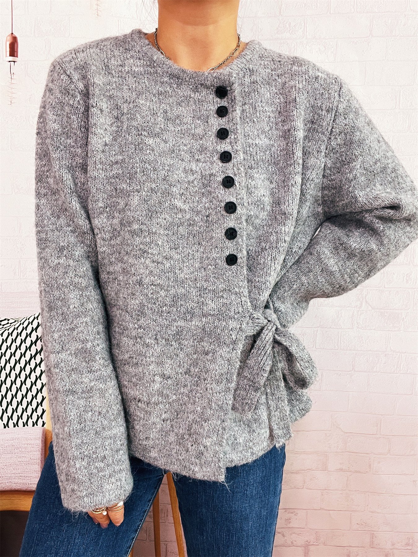 Women Cotton Plain Long Sleeve Comfy Casual Sweater