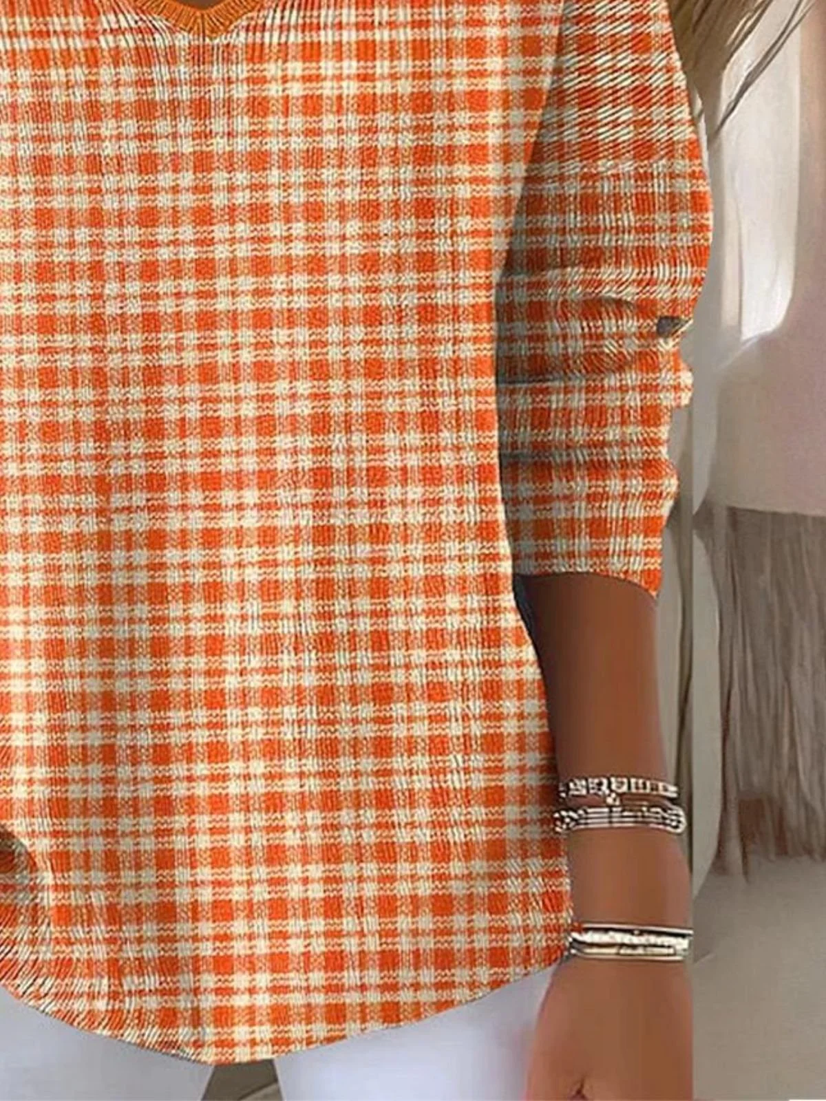 Women Cotton Plaid Long Sleeve Comfy Casual Sweater