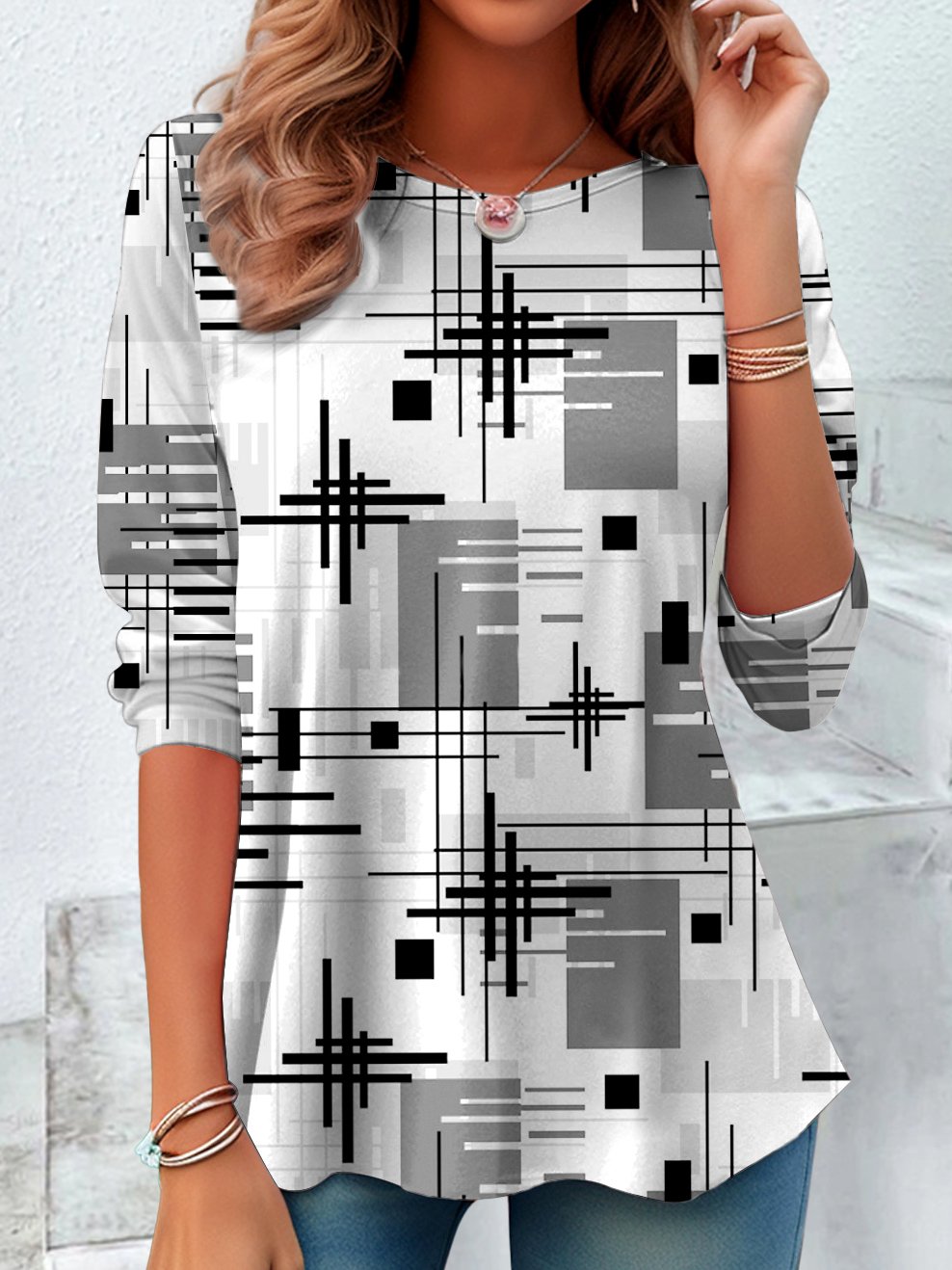 Vintage Geometric Crew Neck Long Sleeve T-shirt