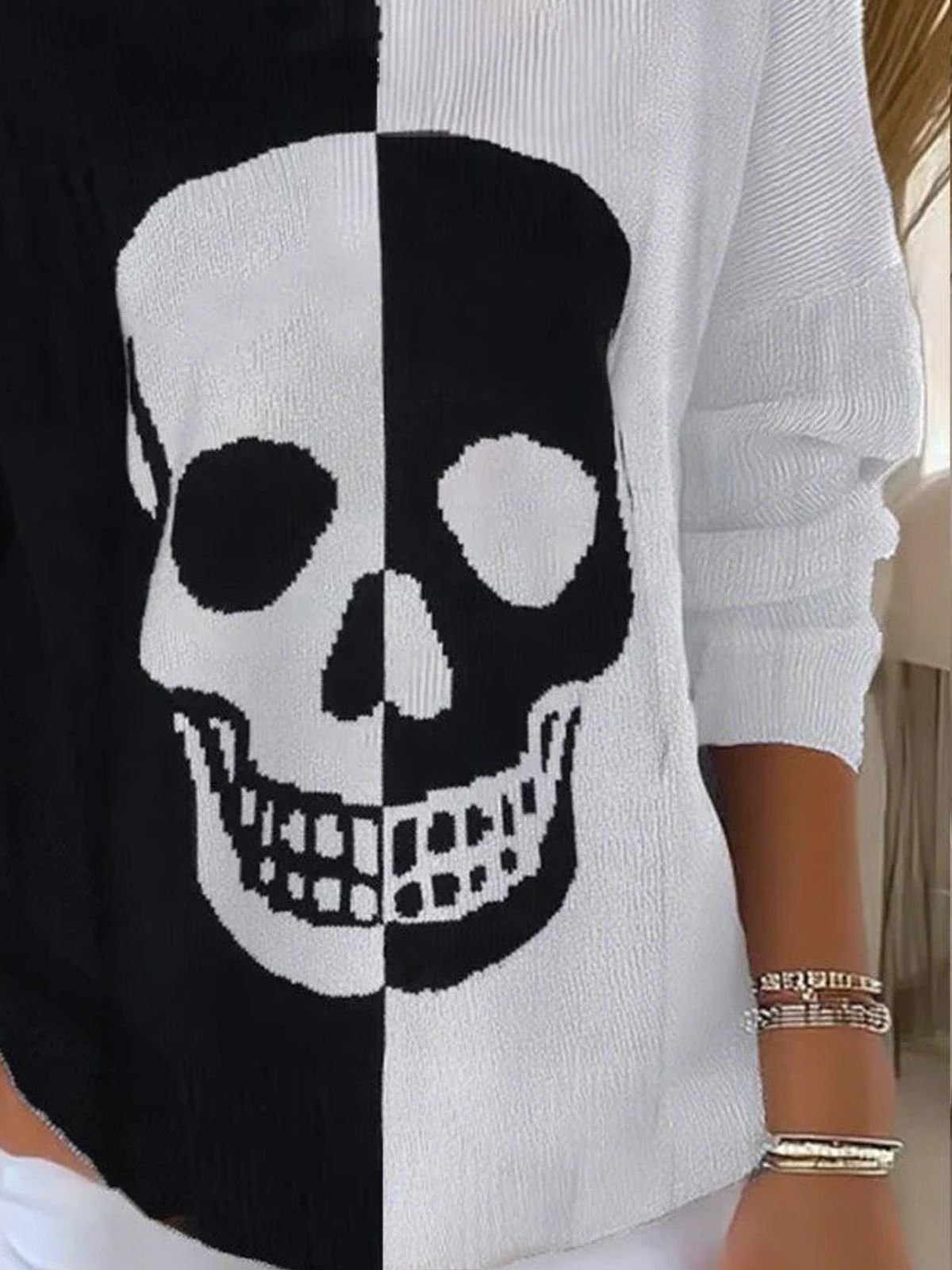 Women Cotton Skull Long Sleeve Comfy Vintage Sweater