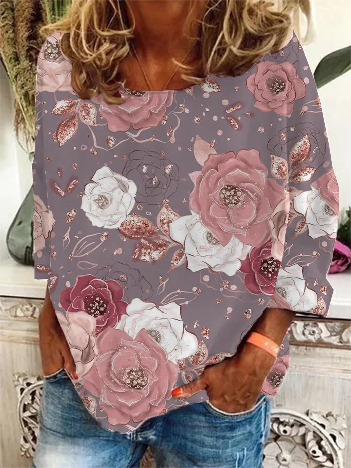Casual Floral Crew Neck Long Sleeve T-shirt