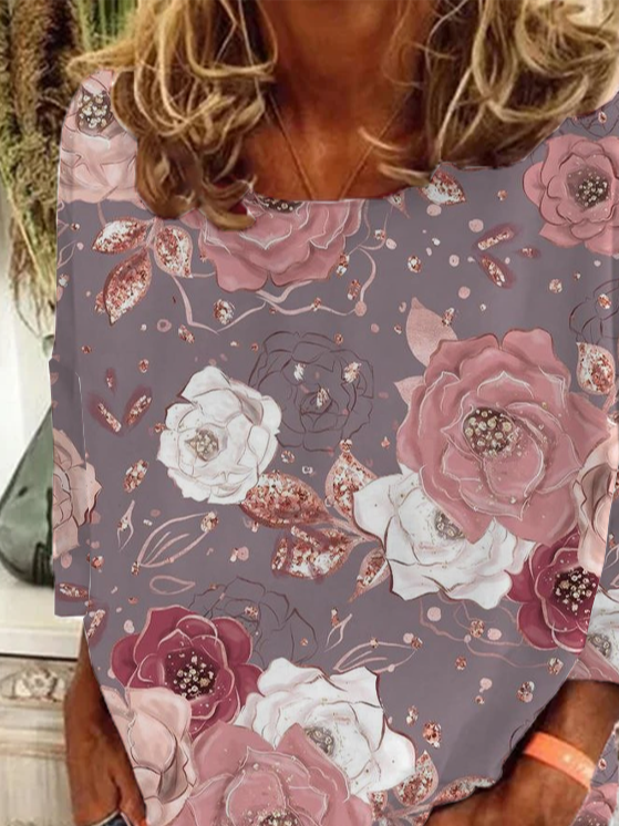Casual Floral Crew Neck Long Sleeve T-shirt