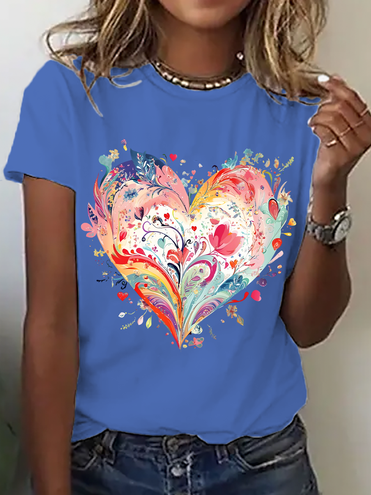 Casual Heart/Cordate Crew Neck Short Sleeve T-shirt