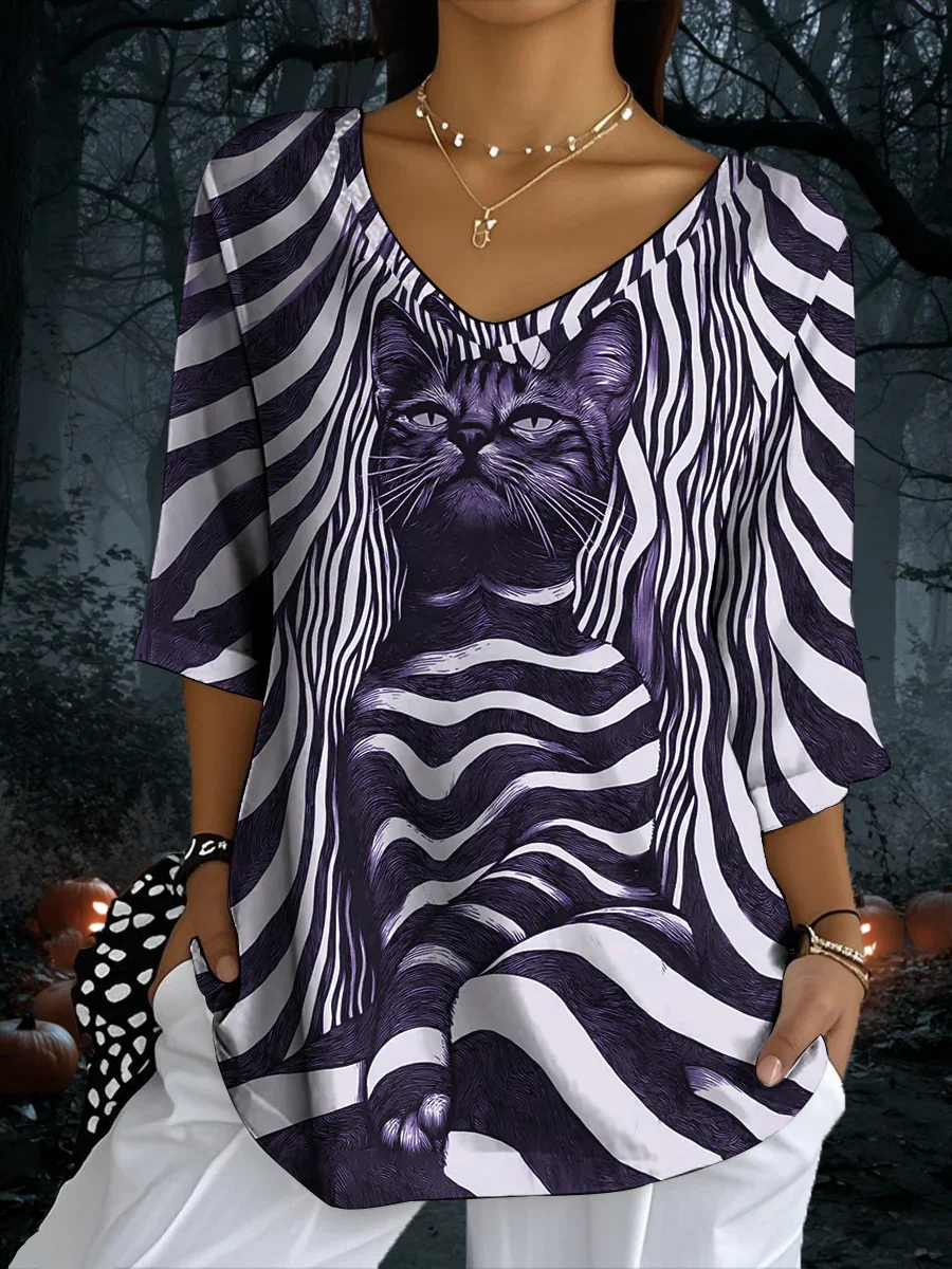 Vintage Cat Crew Neck Three Quarter Sleeve T-shirt