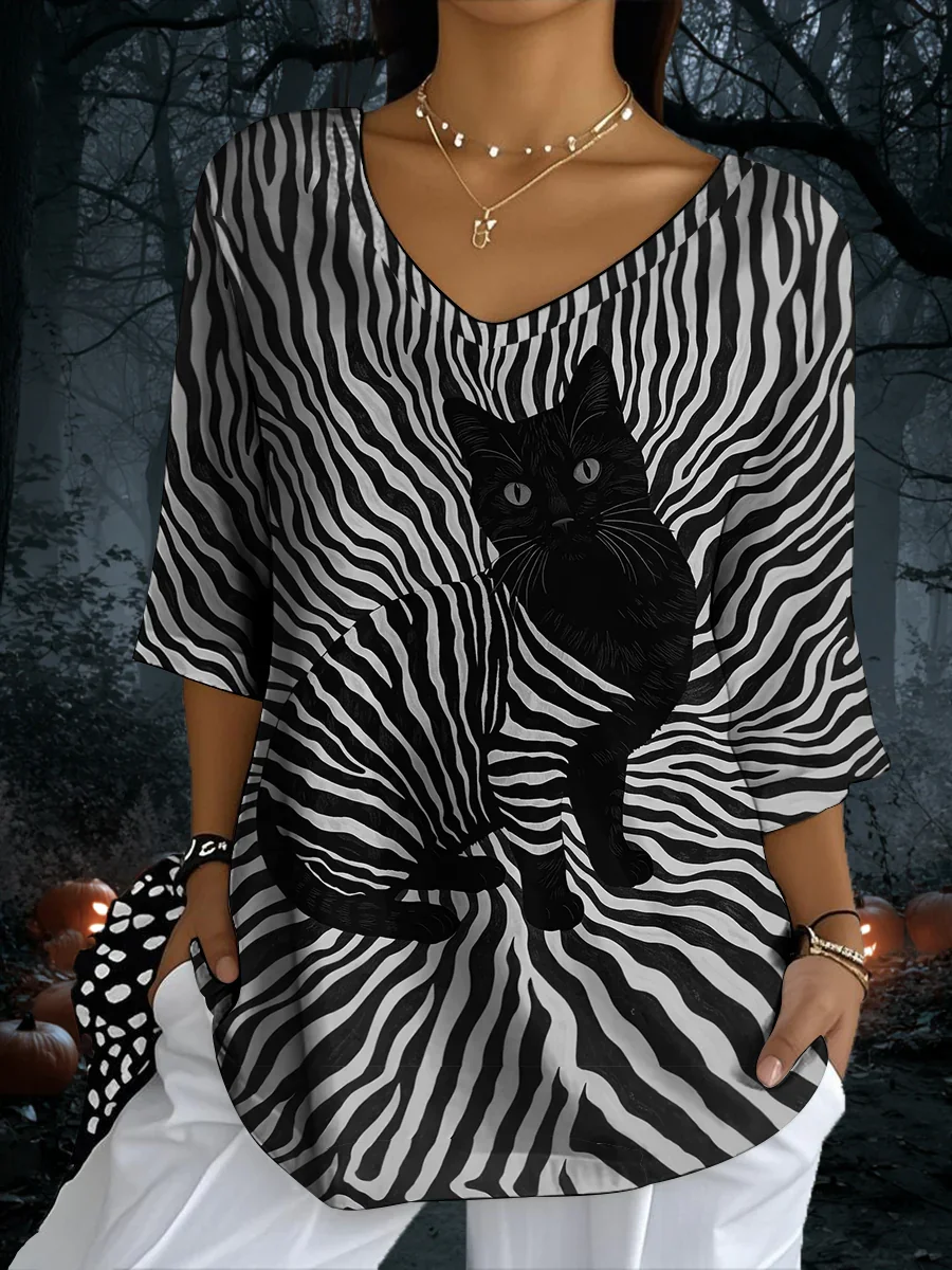 Vintage Cat Crew Neck Three Quarter Sleeve T-shirt