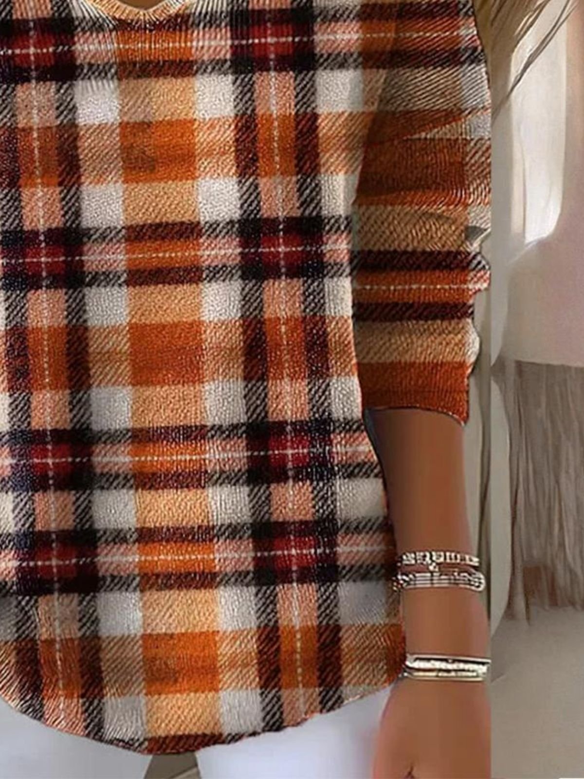 Women Cotton Plaid Long Sleeve Comfy Casual Sweater