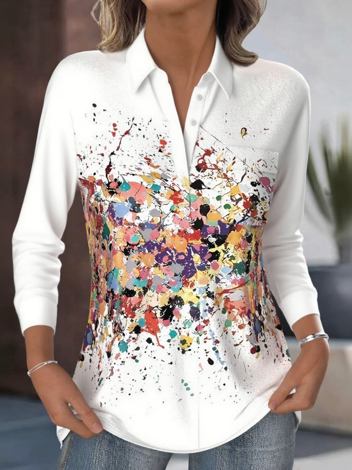 Shirt Collar Long Sleeve Ombre Regular Loose Shirt For Women